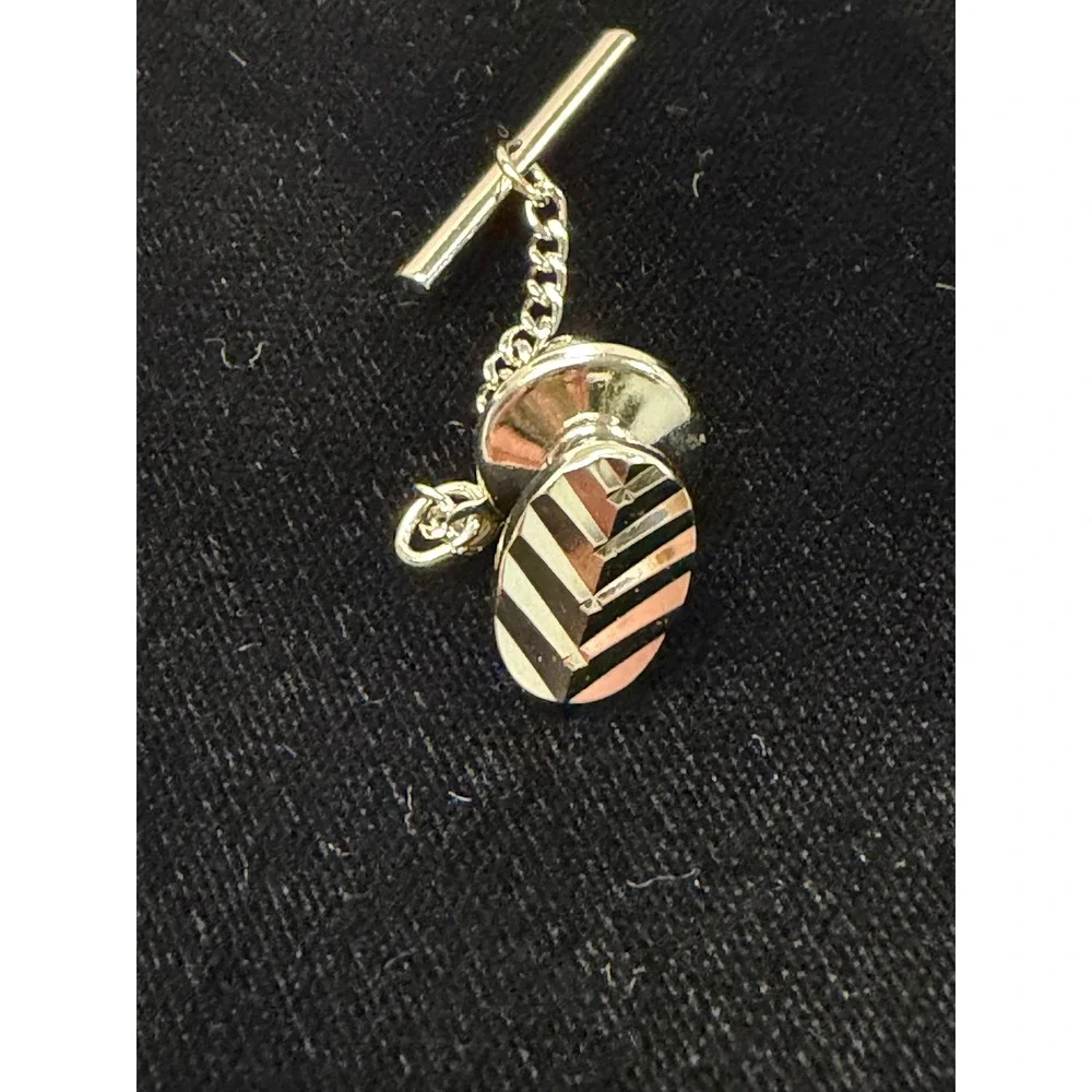 Vintage Silver Tone Chevron Etched Oval Tie Tack with Security Chain T-Bar